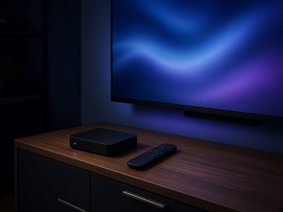 Android TV box beside a living-room television