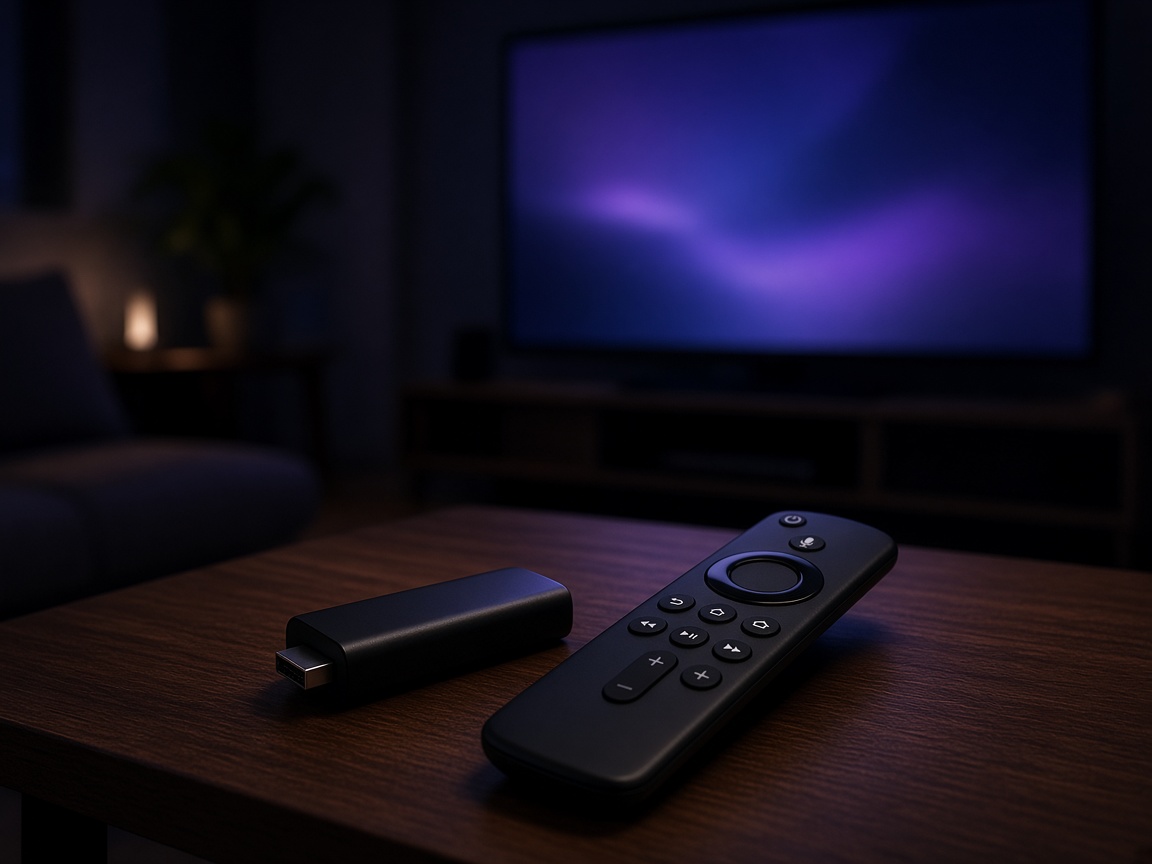 Fire TV stick and remote on a coffee table